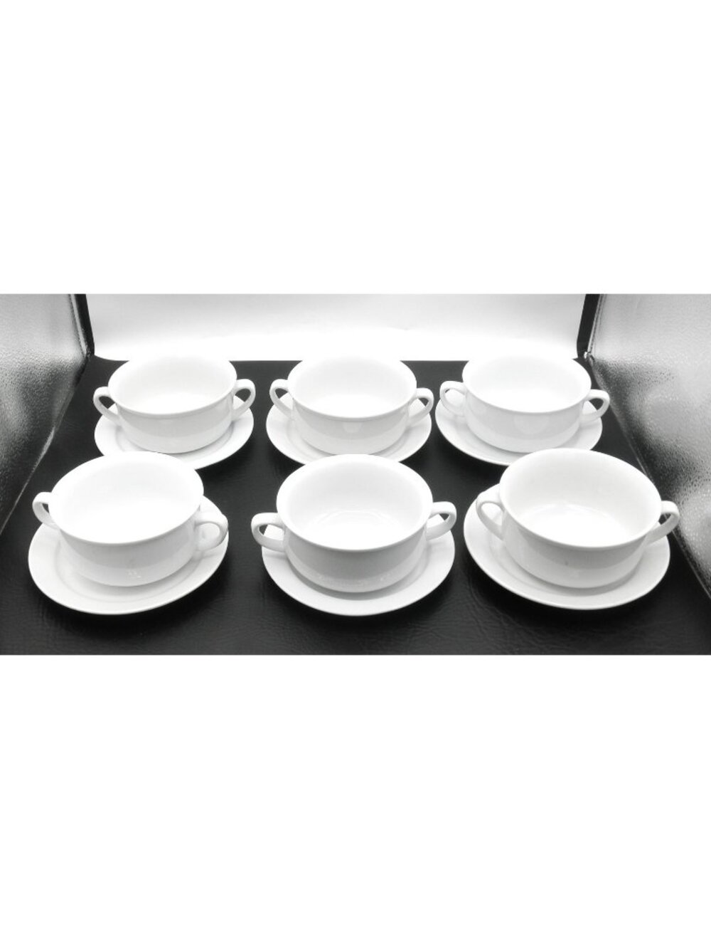 Williams Sonoma Essential White 6 Cream Soup Handle Bowls w/ Saucers WSOESW FLAW